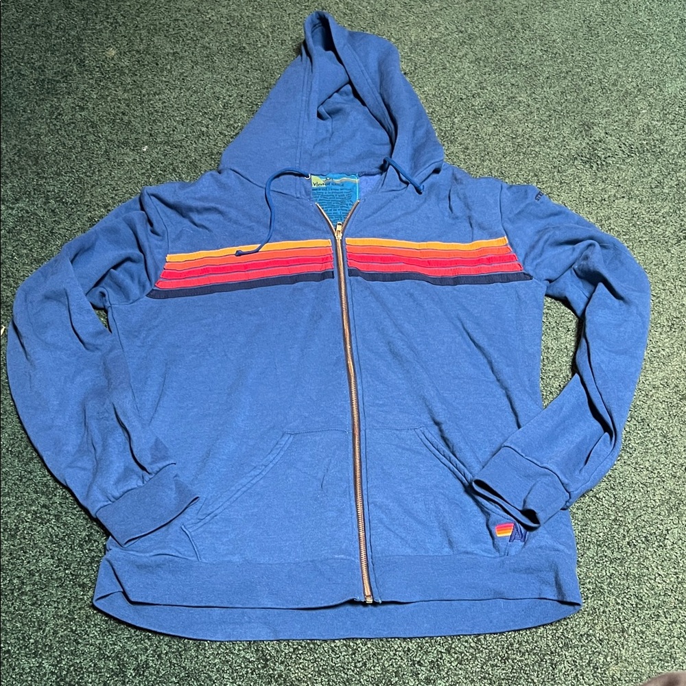Aviator Nation Blue Zip Hoodie with Rainbow Tag